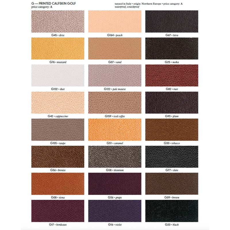 Rectangular Rondo Tray Color swatch chart with various printed calfskin golf colors page 4