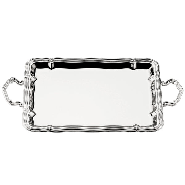 Rectangular silver-plated 700 tray with handles by Greggio, handcrafted in Italy for elegant serving and timeless presentation.