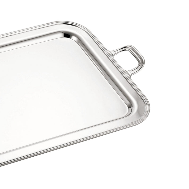 Close-up Rectangular silver-plated English tray with handles by Greggio, handcrafted in Italy for elegant serving and refined table presentation.