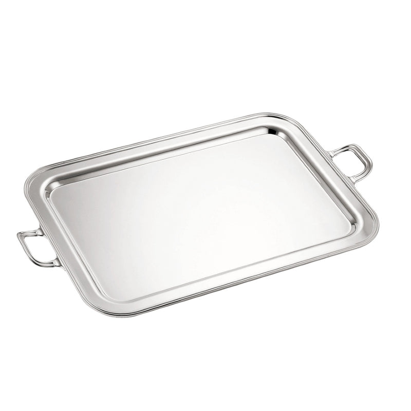 Rectangular silver-plated English tray with handles by Greggio, handcrafted in Italy for elegant serving and refined table presentation.