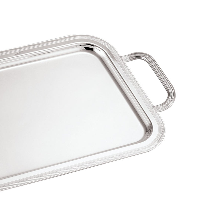 Close-up of Rectangular silver-plated Medici tray with handles by Greggio