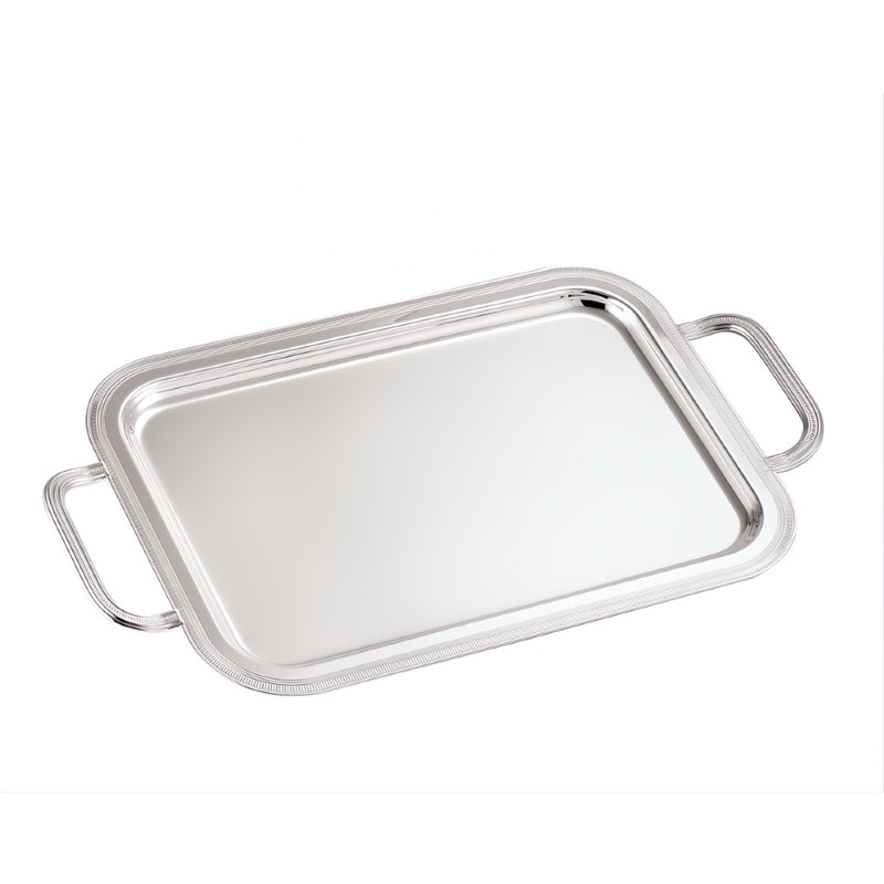 Rectangular silver-plated Medici tray with handles by Greggio, handcrafted in Italy for refined serving and elegant presentation.