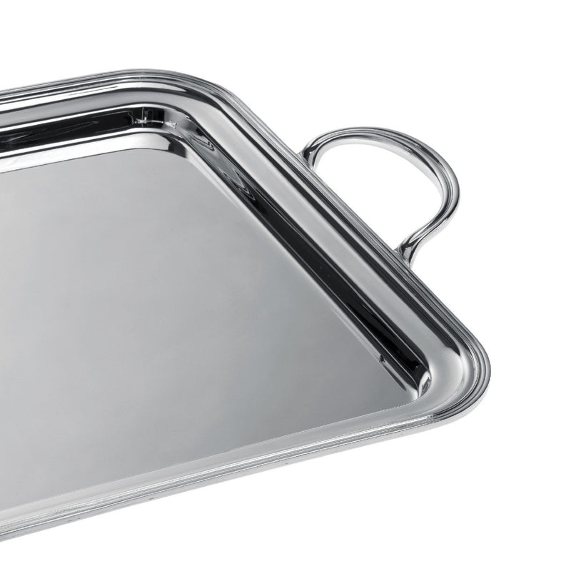 Large rectangular silver-plated tray with handles from the Rencontre collection by Ercuis, handcrafted in France for refined entertaining on a white background
