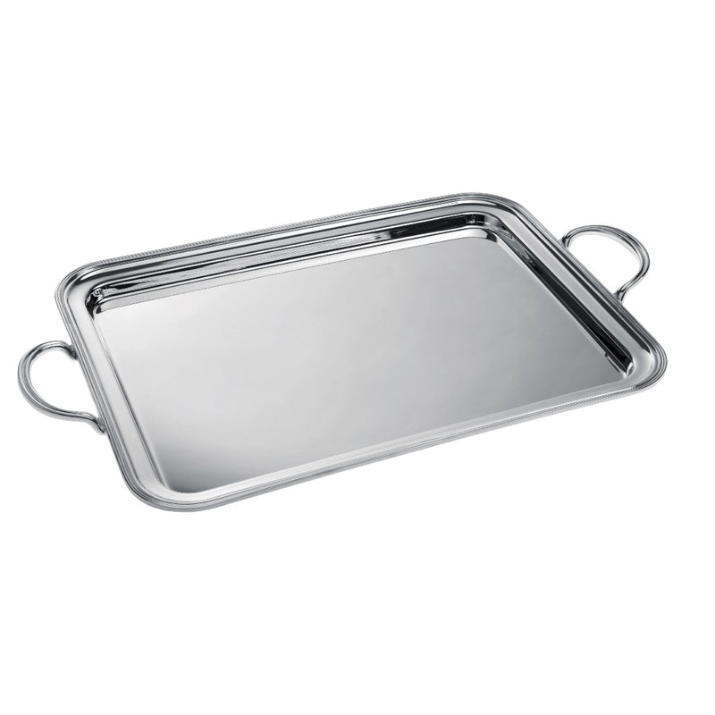 Large rectangular silver-plated tray with handles from the Rencontre collection by Ercuis, handcrafted in France for refined entertaining.