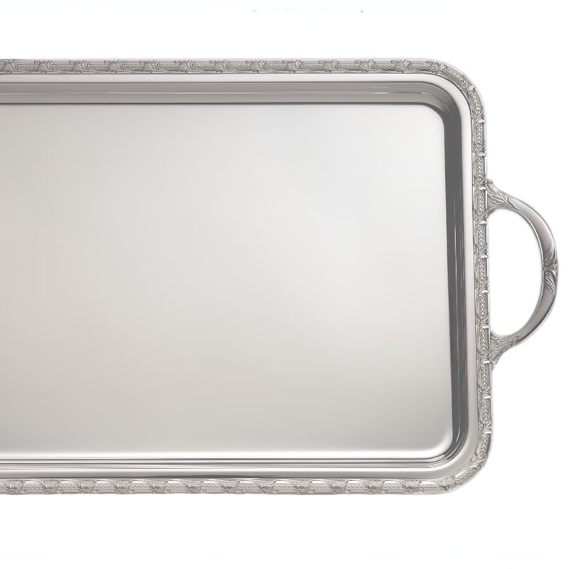 Close-up Rectangular silver-plated Royal tray with handles by Greggio, handcrafted in Italy with ornate detailing for elegant serving and display.