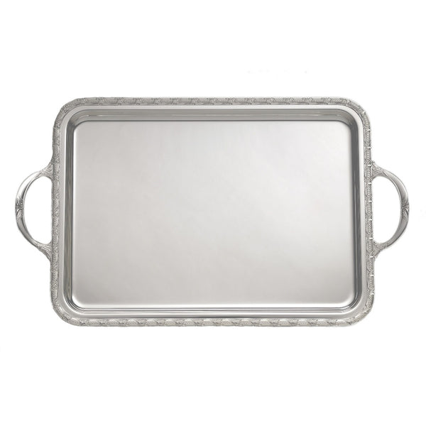 Rectangular silver-plated Royal tray with handles by Greggio, handcrafted in Italy with ornate detailing for elegant serving and display.