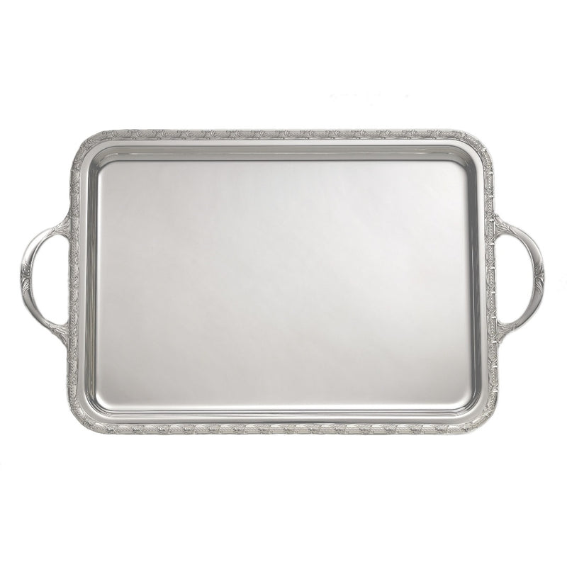 Rectangular silver-plated Royal tray with handles by Greggio, handcrafted in Italy with ornate detailing for elegant serving and display.