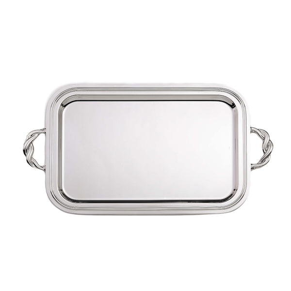 Rectangular silver-plated Villa Pisani tray with handles by Greggio, handcrafted in Italy for refined serving and elegant entertaining.