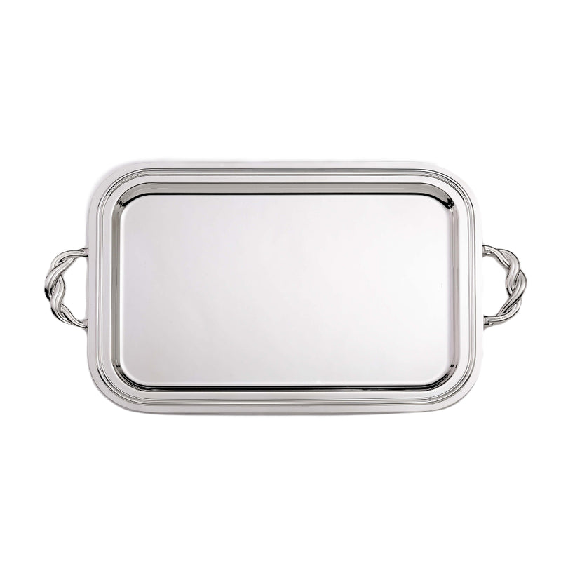 Rectangular silver-plated Villa Pisani tray with handles by Greggio, handcrafted in Italy for refined serving and elegant entertaining.