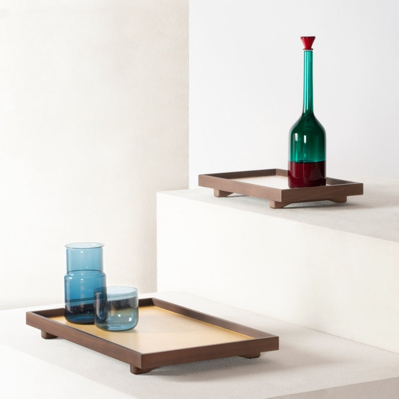 Styled Rectangular walnut Wood Tray with Leather Inserts Jeremy by Giobagnara