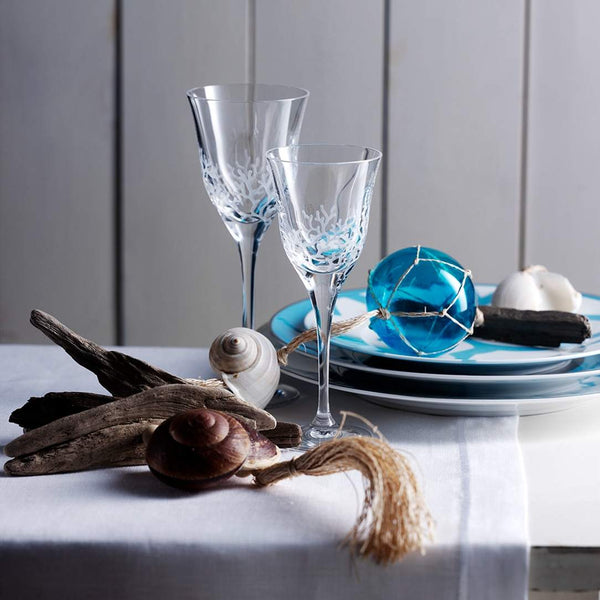Styled Hand-cut crystal red wine glass featuring coral motif by Varga Crystal