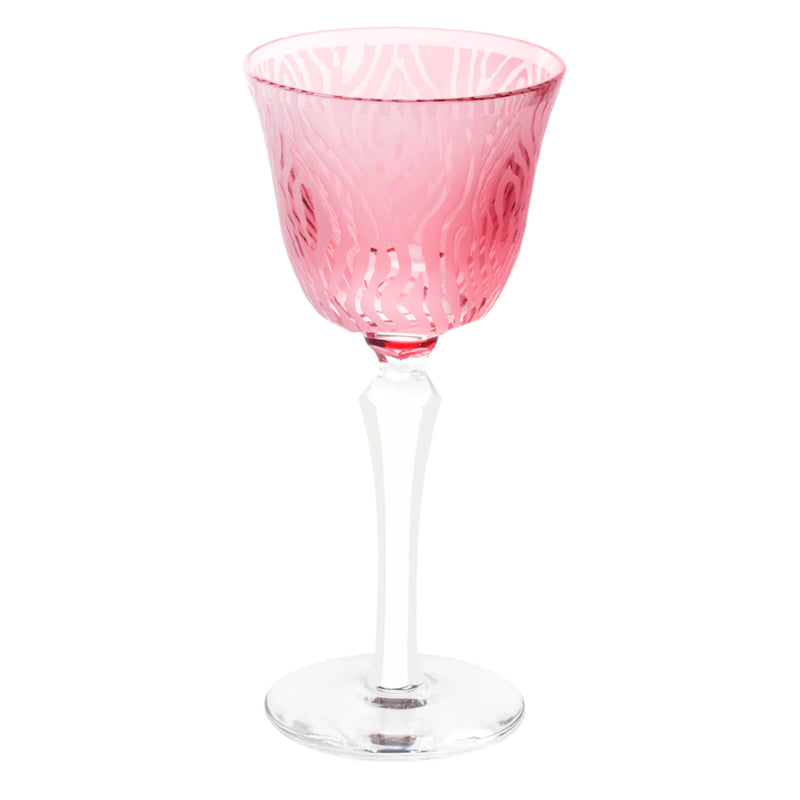 Pink crystal red wine glass with woodland motif from Alice Collection by Cristallerie de Montbronn