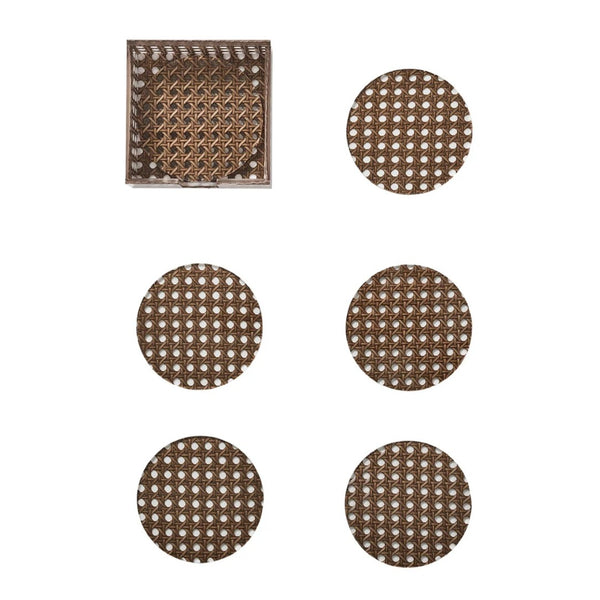 Reed coaster set of 6 in brown by Kim Seybert with matching caddy, natural woven table accessory