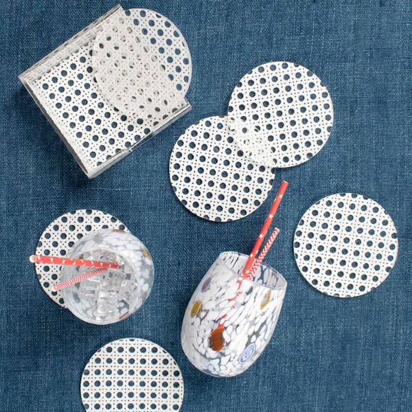 Decorative glass tumblers with Reed coaster set of 6 in white by Kim Seybert with caddy, natural woven table accessory

