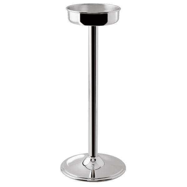 A silver-plated Champagne stand with a sleek, polished finish. The stand is tall with a round base and a cylindrical stem, designed to hold a wine bottle securely.