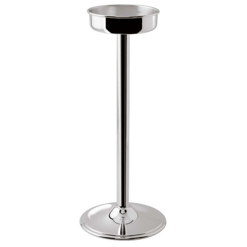 A silver-plated Champagne stand with a sleek, polished finish. The stand is tall with a round base and a cylindrical stem, designed to hold a wine bottle securely.