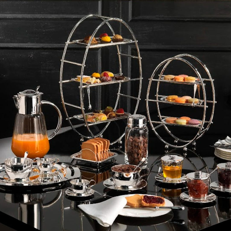 Styled three-tier Rialto oval pastry stand silver-plated by Greggio with rectangular trays