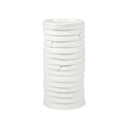 White cylindrical vase with stacked circular design on a white background