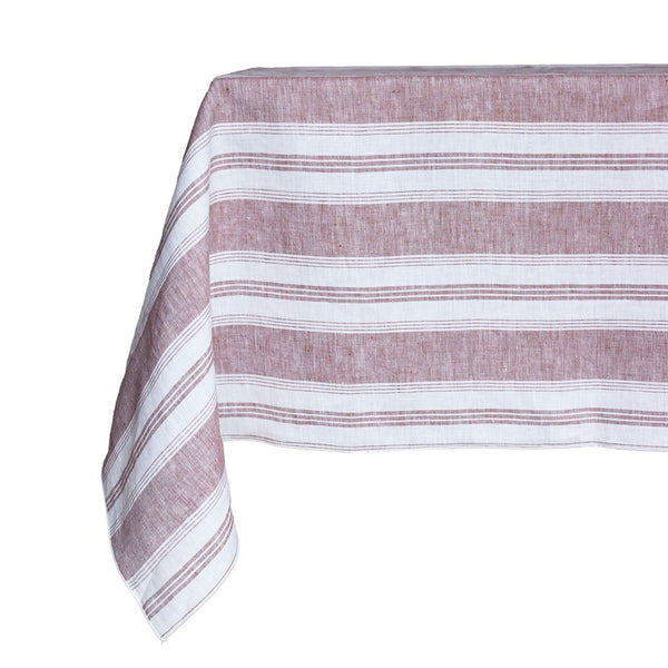 Striped tablecloth with purple and white stripes on a white background