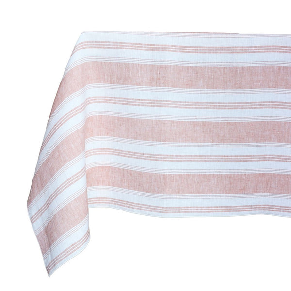 Striped tablecloth with pink and white stripes on a white background