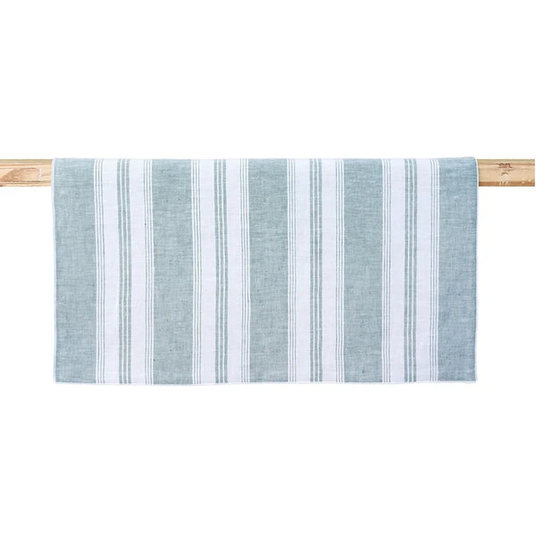 A bottle green and white striped linen table runner with a sleek, sophisticated design, displayed on a wooden rod.