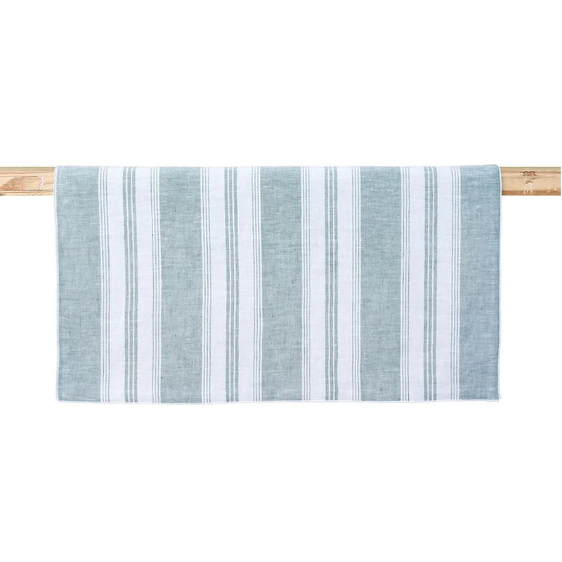 A bottle green and white striped linen table runner with a sleek, sophisticated design, displayed on a wooden rod.