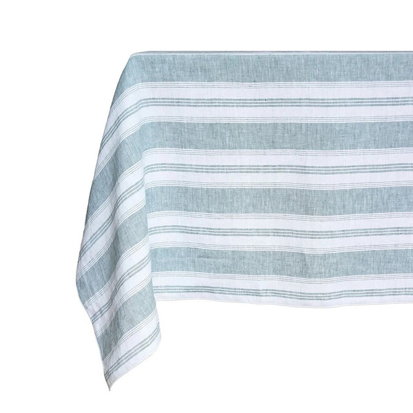 Striped tablecloth with blue and white horizontal lines on a white background