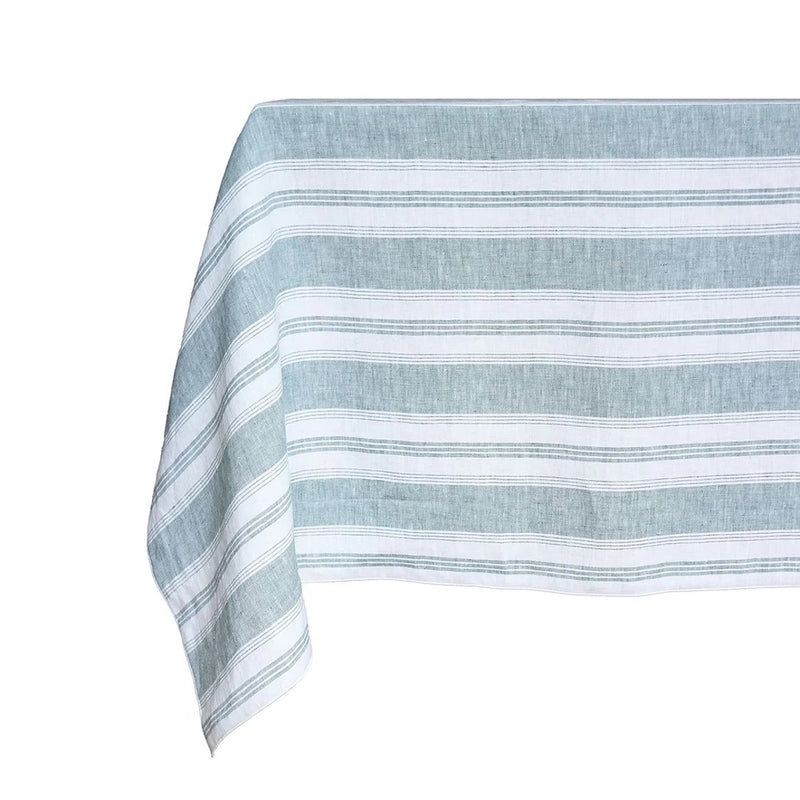 Striped tablecloth with blue and white horizontal lines on a white background