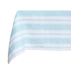Light blue and white striped tablecloth on a white background
