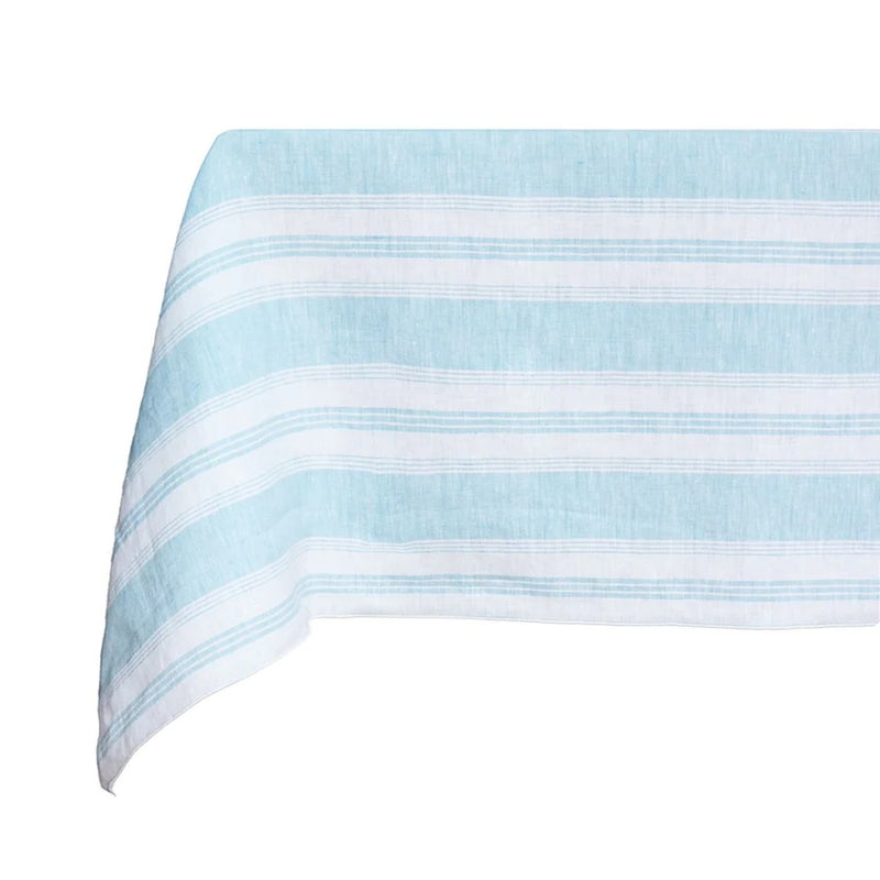 Light blue and white striped tablecloth on a white background