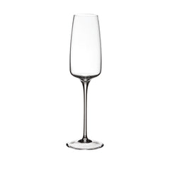 A clear, tall, glass flute with a narrow neck and a rounded bowl, designed by Maurizio Cardoni for Collevilca.