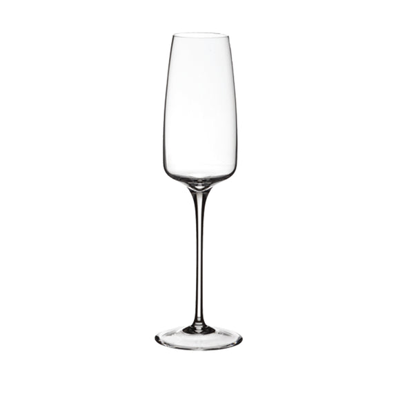 A clear, tall, glass flute with a narrow neck and a rounded bowl, designed by Maurizio Cardoni for Collevilca.