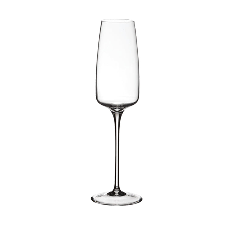 A clear, tall, glass flute with a narrow neck and a rounded bowl, designed by Maurizio Cardoni for Collevilca.