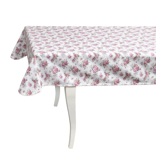 Rose Garden cotton tablecloth with floral rose print by Roseberry Home on table
