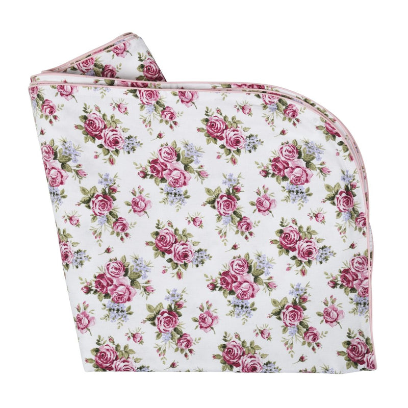 Round cotton tablecloth with rose garden floral print by Roseberry Home folded