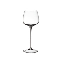 A clear, tall wine glass with a slender stem and a round, open bowl, designed by Maurizio Cardoni for Collevilca.