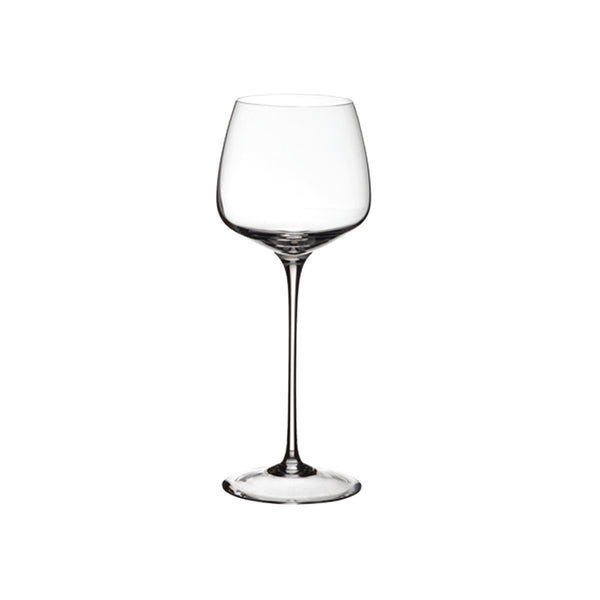 A clear, tall wine glass with a slender stem and a round, open bowl, designed by Maurizio Cardoni for Collevilca.