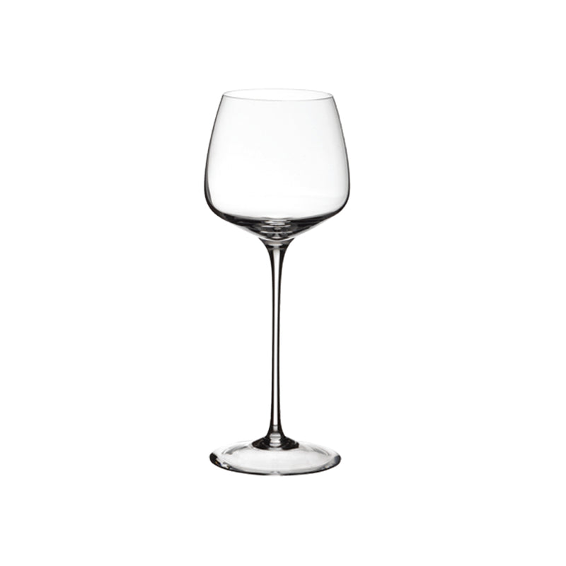 A clear, tall wine glass with a slender stem and a round, open bowl, designed by Maurizio Cardoni for Collevilca.