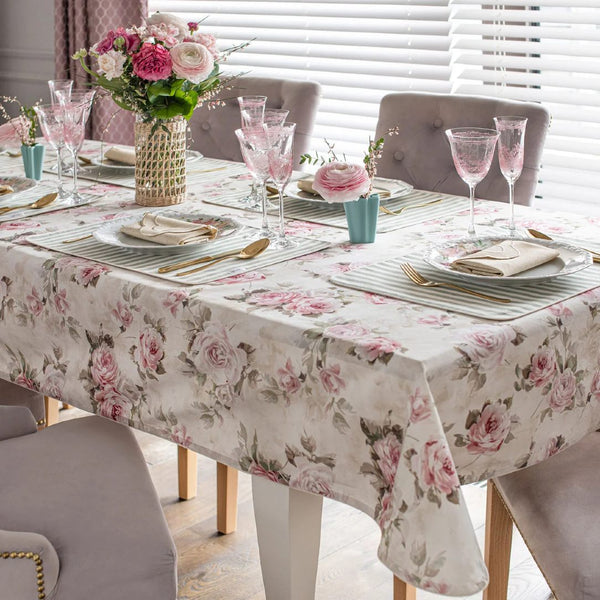 Cotton tablecloth with white and pink roses by Roseberry Home styled on table in a dining room