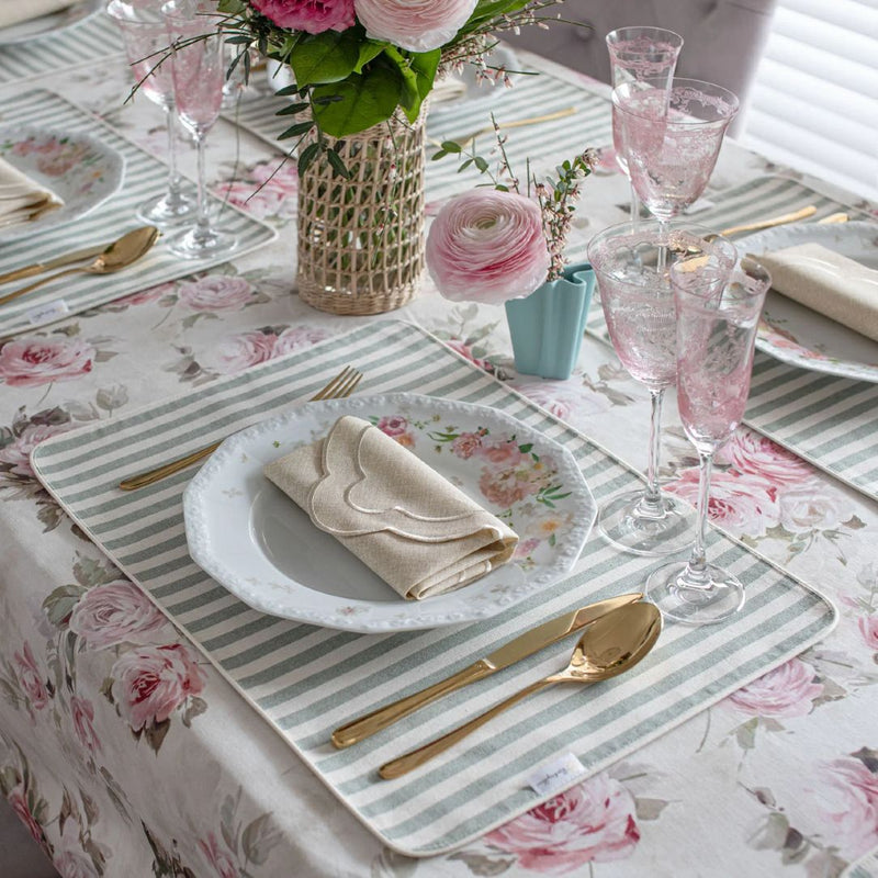 Cotton tablecloth with white and pink roses by Roseberry Home styled on table