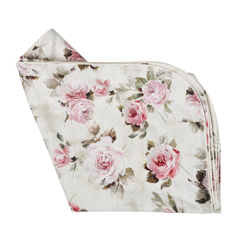 Roselle round cotton tablecloth with pink and white roses by Roseberry Home folded