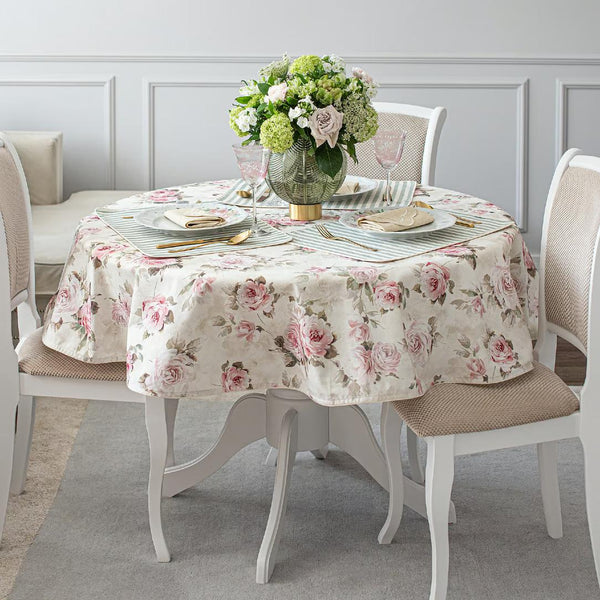 Roselle round cotton tablecloth with pink and white roses by Roseberry Home styled on a dining room round table