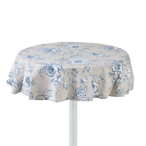 Round Blossom Blue cotton tablecloth with soft blue floral print by Roseberry Home