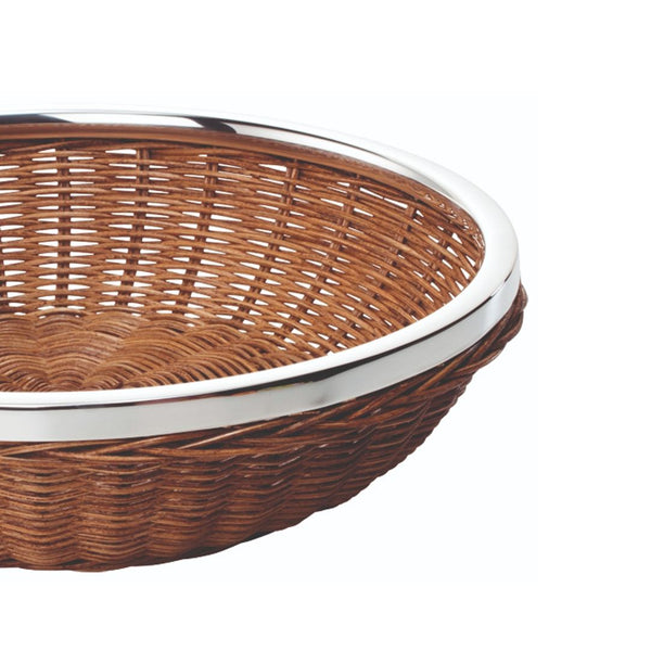 Close-up large round wicker bread basket with sterling silver rim by Sonja Quandt