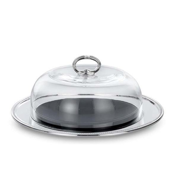 Round silver-plated La Perle cheese tray by Greggio with glass dome cover and beaded rim for elegant cheese presentation.