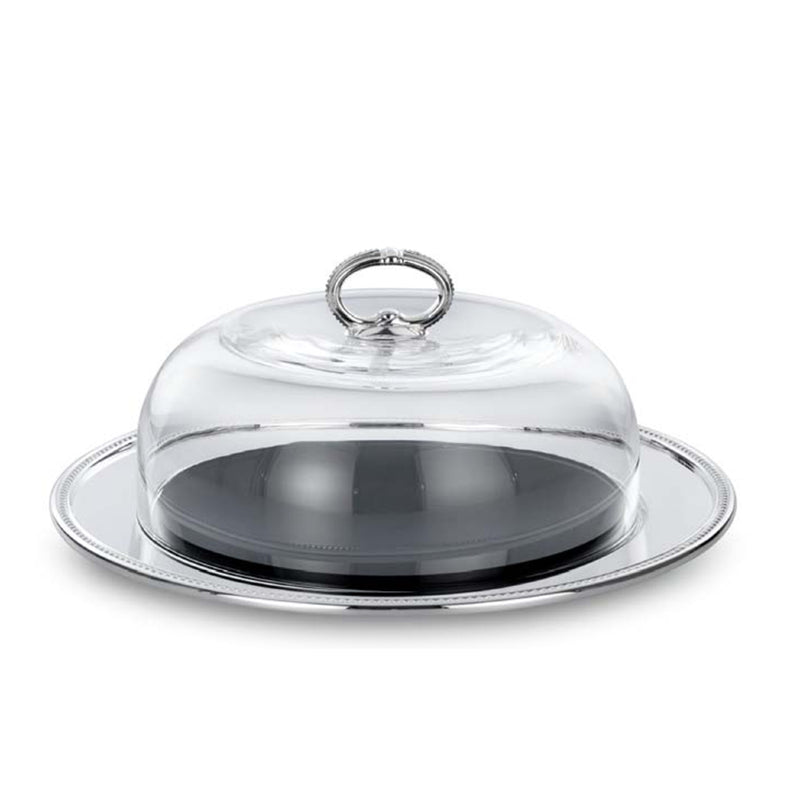 Round silver-plated La Perle cheese tray by Greggio with glass dome cover and beaded rim for elegant cheese presentation.