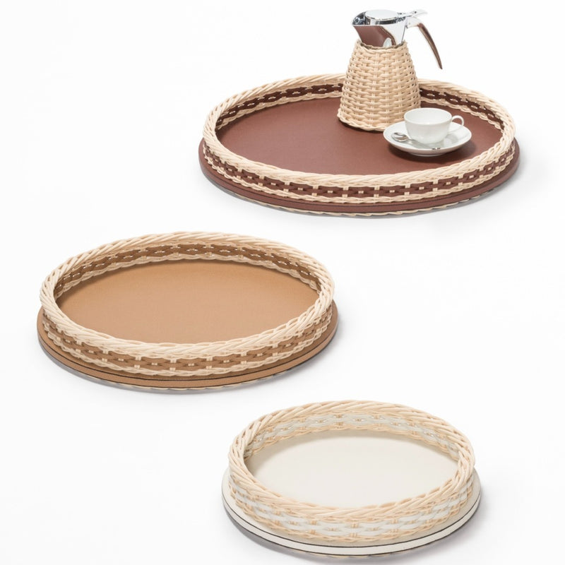 Styled Round Leather and Rattan Tray Orsay by Pigment France x Giobagnara