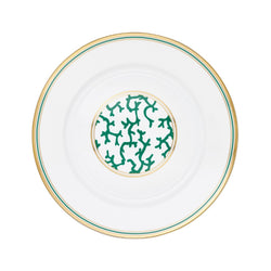 Raynaud Cristobal Emerald Round Platter in Limoges porcelain with emerald green coral motifs, turquoise detail, and gold rim.