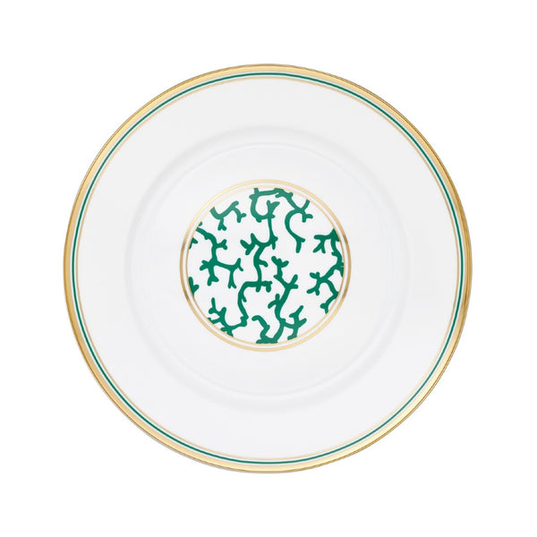 Raynaud Cristobal Emerald Round Platter in Limoges porcelain with emerald green coral motifs, turquoise detail, and gold rim.