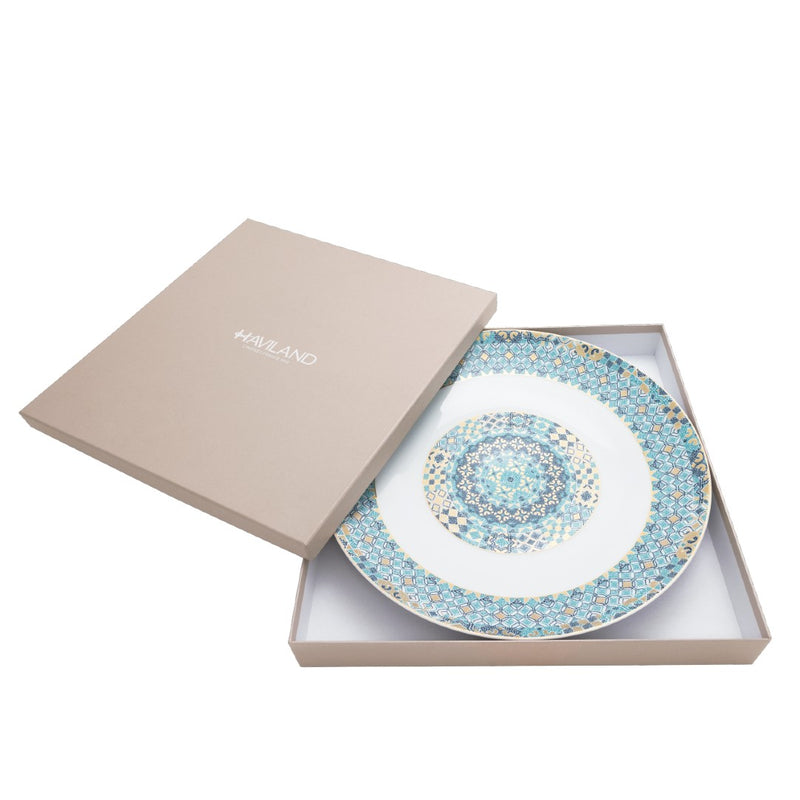 Decorative plate with a blue and white pattern in a gift box with 'HAVILAND' branding.